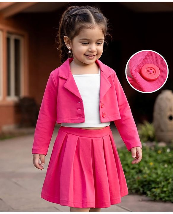 Babyhug Scuba Knit Full Sleeves Solid Jacket & Pleated Skirt With Inner Tee - Pink