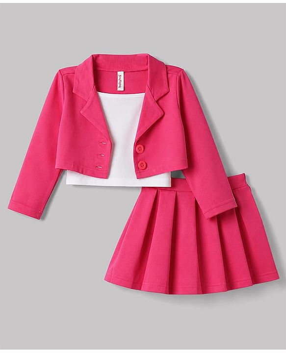 Babyhug Scuba Knit Full Sleeves Solid Jacket & Pleated Skirt With Inner Tee - Pink