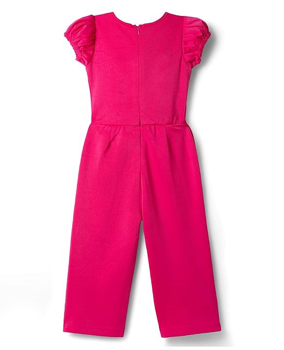 Babyhug Scuba Woven Half Sleeves Solid Colour Jumpsuit With Bow Applique - Fuchsia