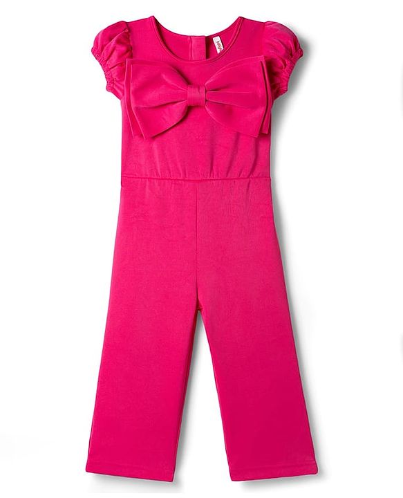 Babyhug Scuba Woven Half Sleeves Solid Colour Jumpsuit With Bow Applique - Fuchsia