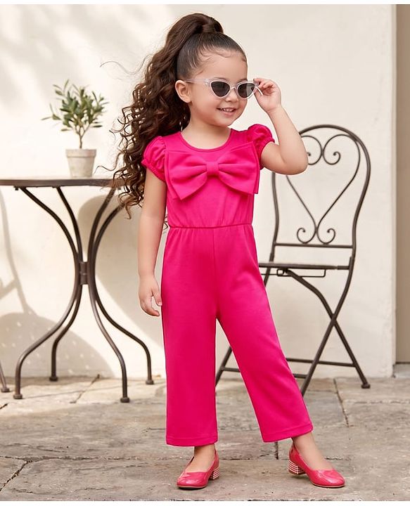 Babyhug Scuba Woven Half Sleeves Solid Colour Jumpsuit With Bow Applique - Fuchsia