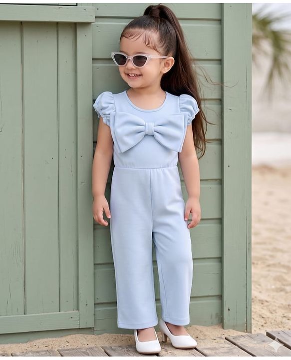 Babyhug Scuba Woven Half Sleeves Party Jumpsuit With Bow Applique - Light Blue