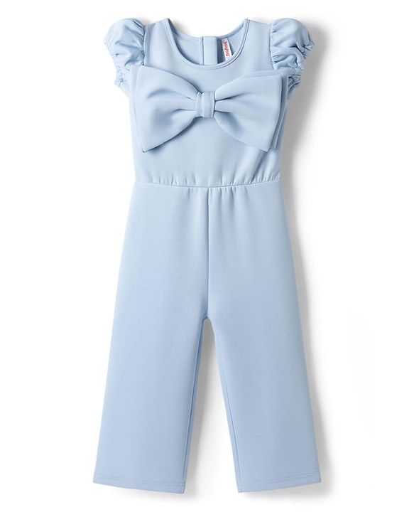 Babyhug Scuba Woven Half Sleeves Party Jumpsuit With Bow Applique - Light Blue