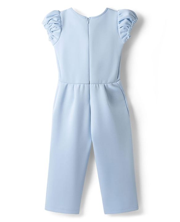 Babyhug Scuba Woven Half Sleeves Party Jumpsuit With Bow Applique - Light Blue