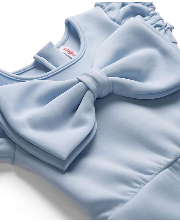 Babyhug Scuba Woven Half Sleeves Party Jumpsuit With Bow Applique - Light Blue