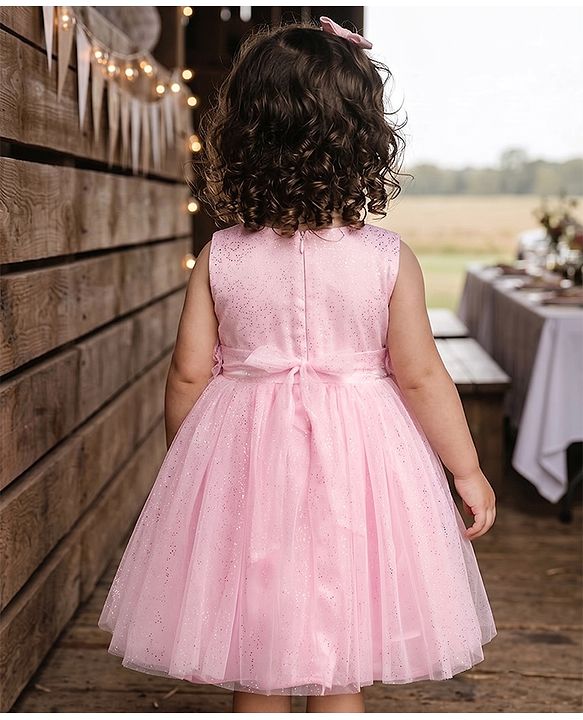Babyhug Mesh Woven Sleeveless Party Dress with Sequin Detailing - Light Pink