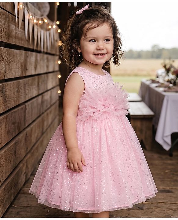 Babyhug Mesh Woven Sleeveless Party Dress with Sequin Detailing - Light Pink