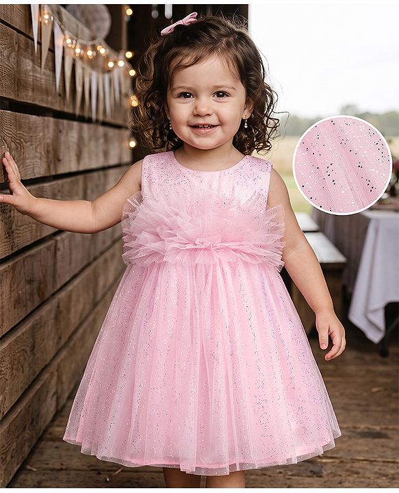 Babyhug Mesh Woven Sleeveless Party Dress with Sequin Detailing - Light Pink
