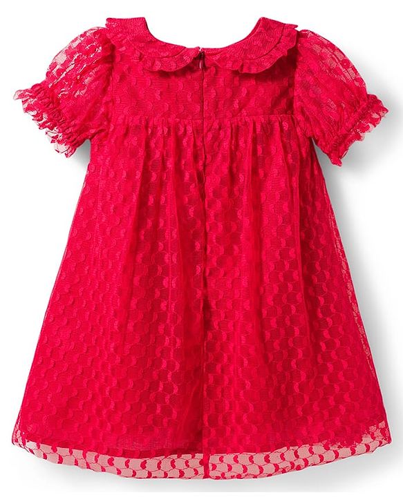 Babyhug Mesh Woven Half Sleeves Fit & Flare Party Peter Pan Collared Frock With Swiss Dot Detailing - Red