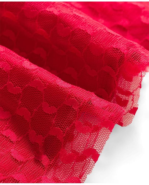 Babyhug Mesh Woven Half Sleeves Fit & Flare Party Peter Pan Collared Frock With Swiss Dot Detailing - Red