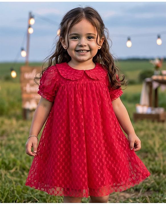 Babyhug Mesh Woven Half Sleeves Fit & Flare Party Peter Pan Collared Frock With Swiss Dot Detailing - Red
