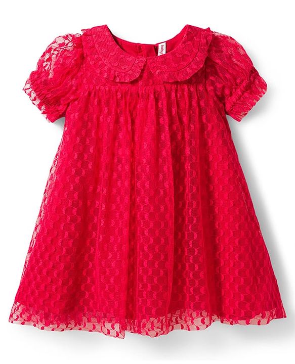Babyhug Mesh Woven Half Sleeves Fit & Flare Party Peter Pan Collared Frock With Swiss Dot Detailing - Red