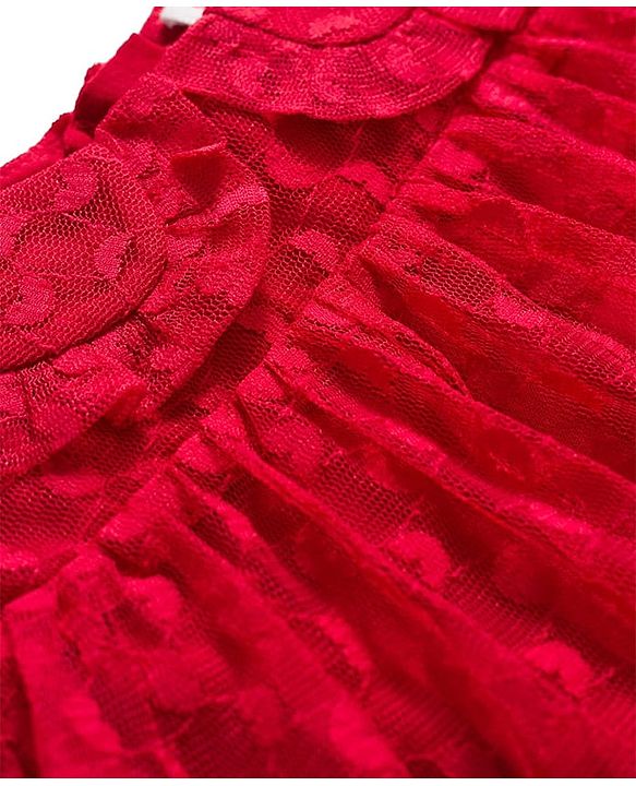 Babyhug Mesh Woven Half Sleeves Fit & Flare Party Peter Pan Collared Frock With Swiss Dot Detailing - Red