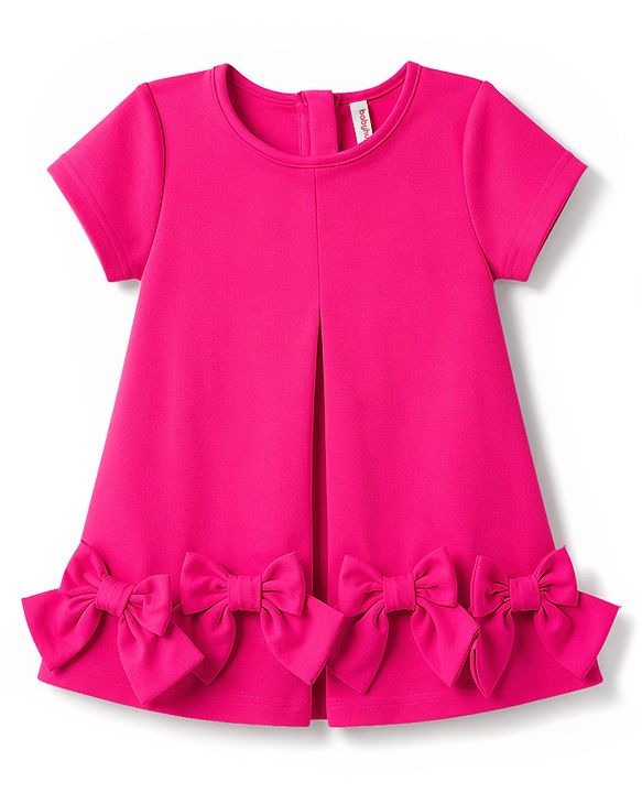 Babyhug Scuba Knit Half Sleeves Party Dress With Frill Detailing & Bow Applique  - Dark Pink