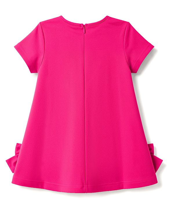 Babyhug Scuba Knit Half Sleeves Party Dress With Frill Detailing & Bow Applique  - Dark Pink