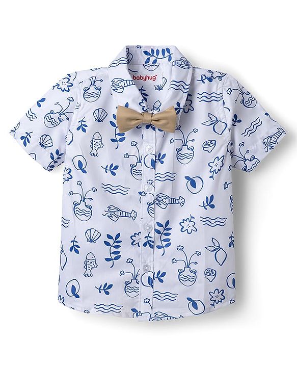 Babyhug Cotton Woven Half Sleeves Party Shirt & Pant With Bow & Suspender - White & Beige