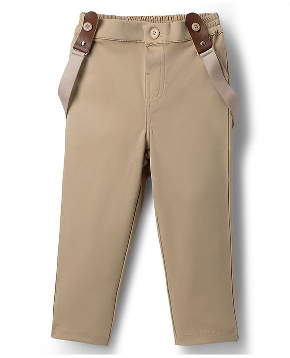 Babyhug Cotton Woven Half Sleeves Party Shirt & Pant With Bow & Suspender - White & Beige