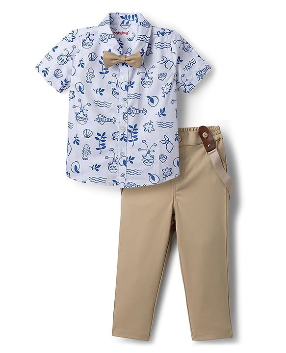 Babyhug Cotton Woven Half Sleeves Party Shirt & Pant With Bow & Suspender - White & Beige