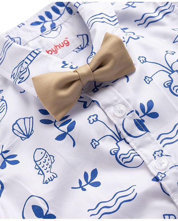 Babyhug Cotton Woven Half Sleeves Party Shirt & Pant With Bow & Suspender - White & Beige