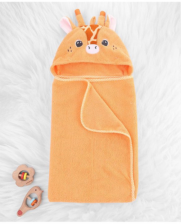 Babyhug Cotton Knit Microfiber Hooded Towel Giraffe Embroidery L 74 x B 74 cm - Orange