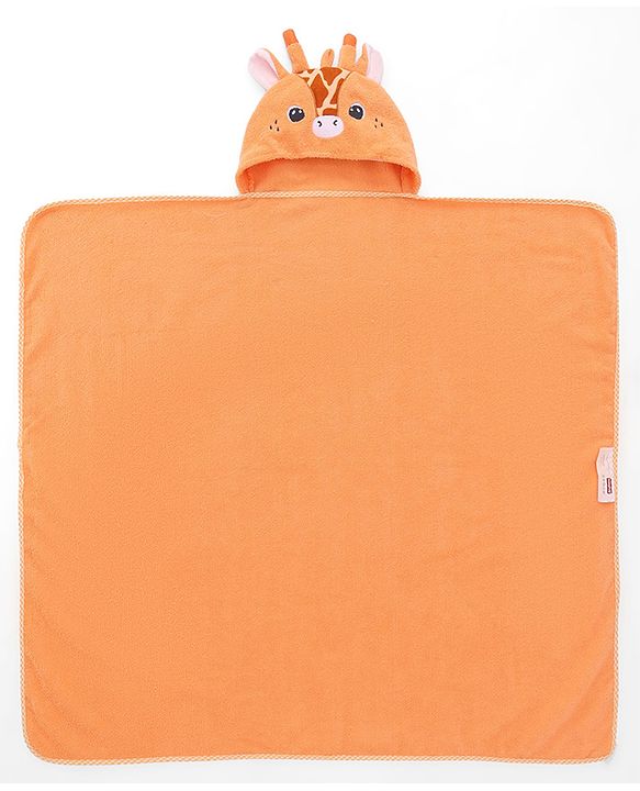 Babyhug Cotton Knit Microfiber Hooded Towel Giraffe Embroidery L 74 x B 74 cm - Orange