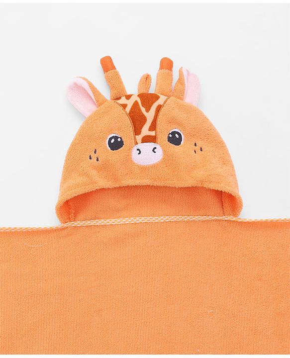Babyhug Cotton Knit Microfiber Hooded Towel Giraffe Embroidery L 74 x B 74 cm - Orange