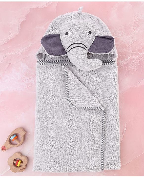 Babyhug Cotton Knit Microfiber  Hooded Towel With Elephant Embroidery - Grey