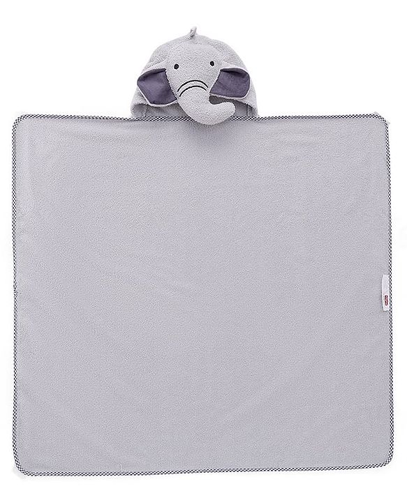 Babyhug Cotton Knit Microfiber  Hooded Towel With Elephant Embroidery - Grey