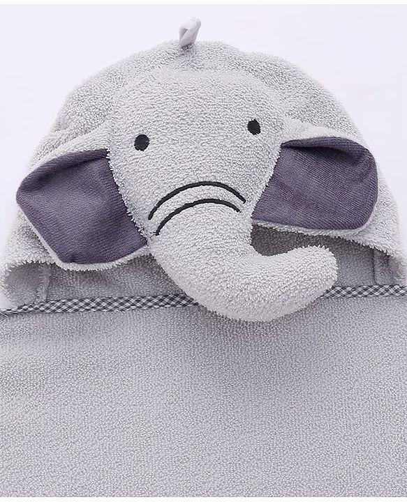Babyhug Cotton Knit Microfiber  Hooded Towel With Elephant Embroidery - Grey