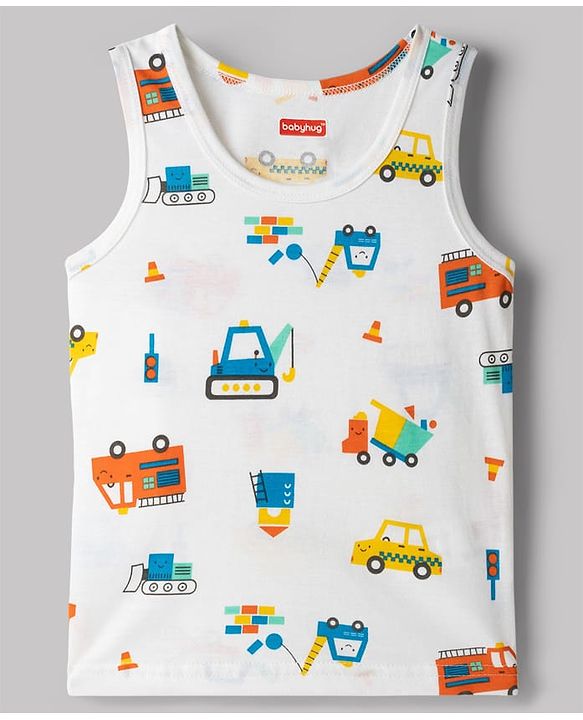 Babyhug 100% Cotton Single Jersey Knit Sleeveless Vest With JCB Print - Multicolor