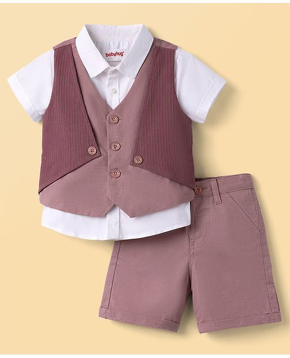 Babyhug Cotton Woven Half Sleeves Shirt & Shorts With Jacket - Multicolor
