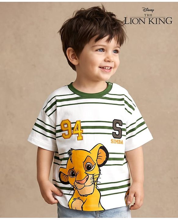 Babyhug Disney Cotton Knit T-Shirts With Half Sleeves and Simba Print - White