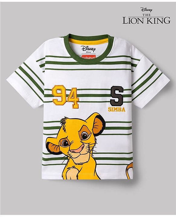 Babyhug Disney Cotton Knit T-Shirts With Half Sleeves and Simba Print - White