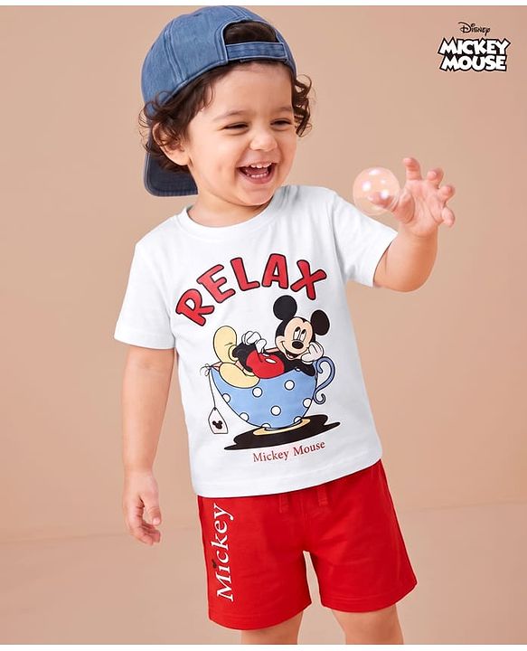 Babyhug Disney 100% Cotton Knit Half Sleeves T-Shirt & Shorts Night Suit With Mickey Mouse Graphic - Red