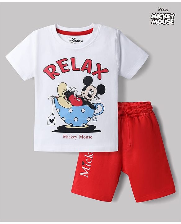 Babyhug Disney 100% Cotton Knit Half Sleeves T-Shirt & Shorts Night Suit With Mickey Mouse Graphic - Red