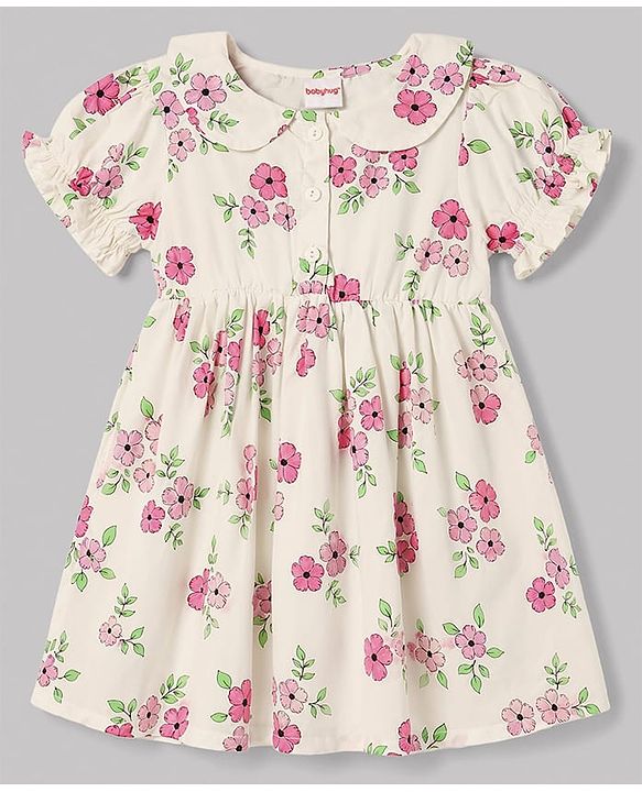 Babyhug Cotton Woven Half Sleeves Floral Printed Frock With Jacket - OffWhite