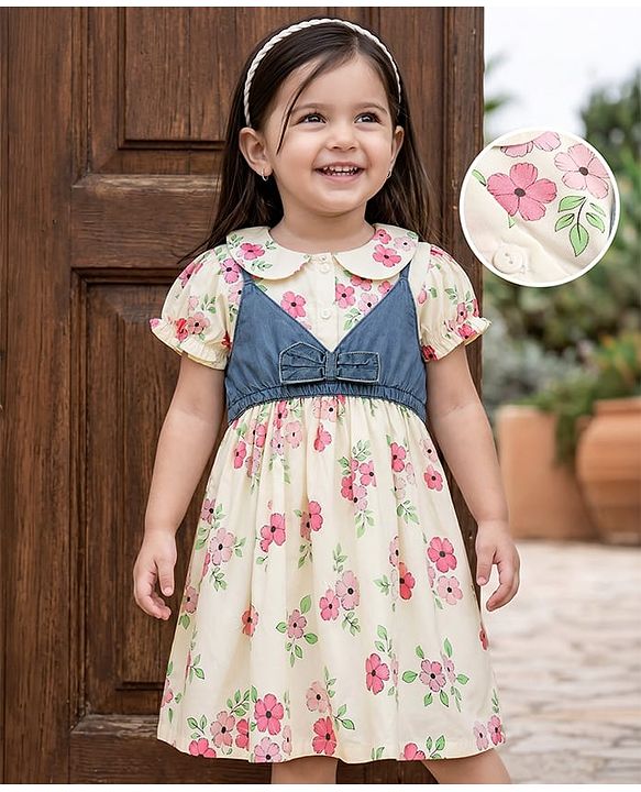 Babyhug Cotton Woven Half Sleeves Floral Printed Frock With Jacket - OffWhite