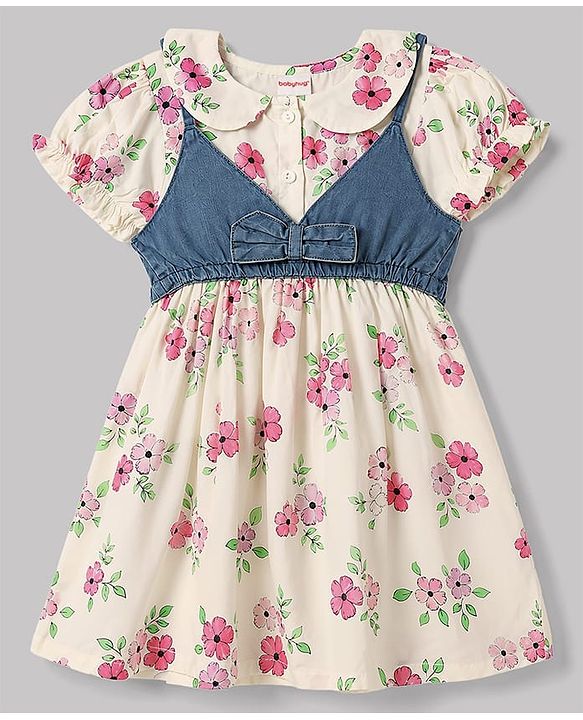 Babyhug Cotton Woven Half Sleeves Floral Printed Frock With Jacket - OffWhite