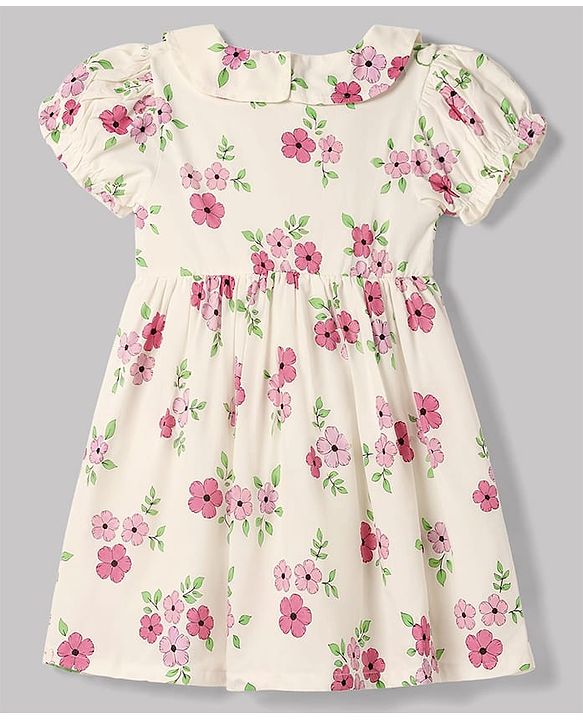 Babyhug Cotton Woven Half Sleeves Floral Printed Frock With Jacket - OffWhite
