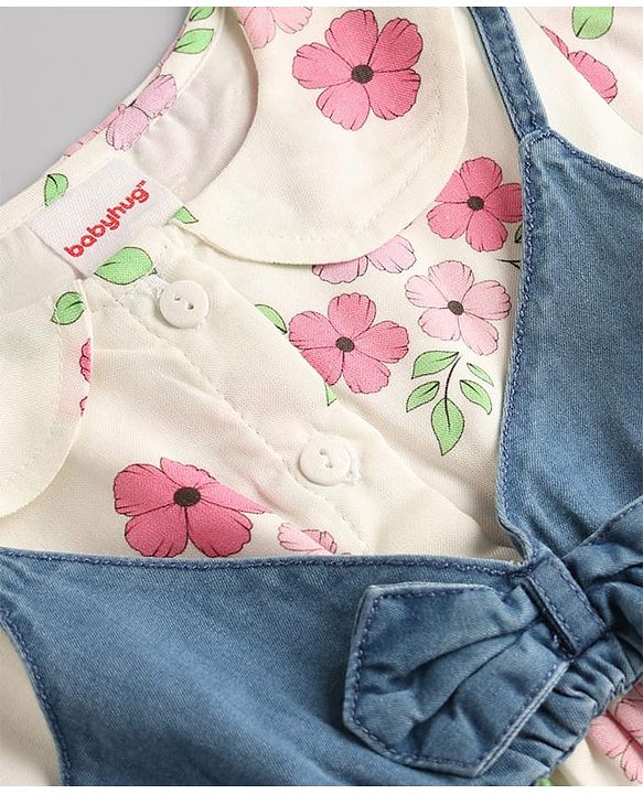 Babyhug Cotton Woven Half Sleeves Floral Printed Frock With Jacket - OffWhite