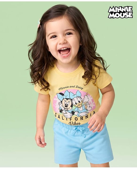 Babyhug Disney Single Jersey Knit Half Sleeves T-Shirt & Shorts Night Suit with Minnie Mouse Family Graphics -  Multicolour