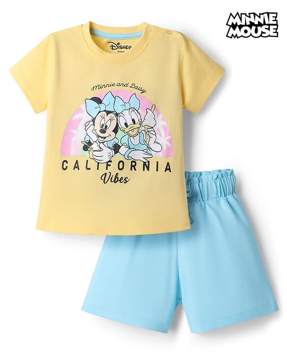 Babyhug Disney Single Jersey Knit Half Sleeves T-Shirt & Shorts Night Suit with Minnie Mouse Family Graphics -  Multicolour