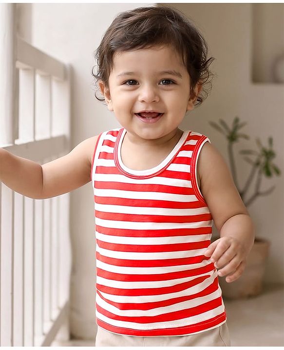 Babyhug 100% Cotton Single Jersey Knit Sleeveless Striped Vest - Red