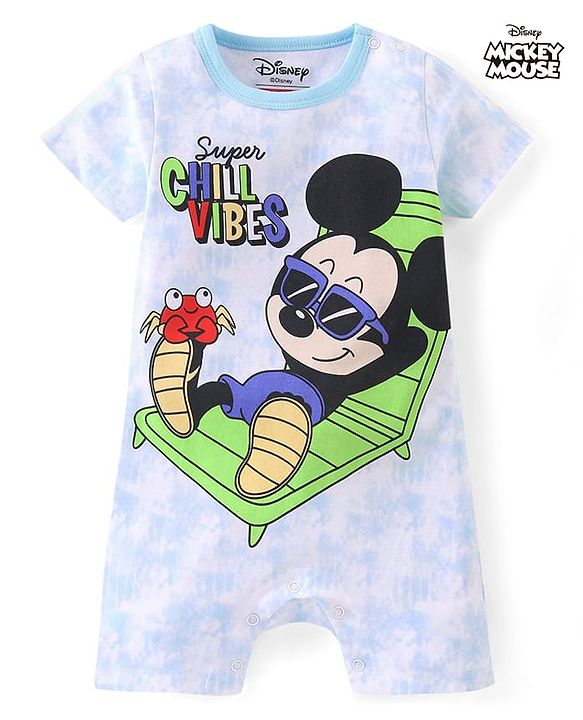 Babyhug Disney Interlock Knit Half Sleeves Romper with Mickey Mouse Graphic - Blue