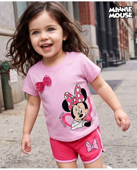 Babyhug Disney Single Jersey Knit Half Sleeve T-Shirt & Shorts Set With Minnie Mouse Graphic & Bow Sequin Applique - Pink