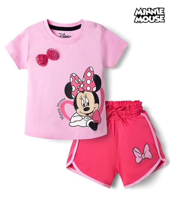 Babyhug Disney Single Jersey Knit Half Sleeve T-Shirt & Shorts Set With Minnie Mouse Graphic & Bow Sequin Applique - Pink