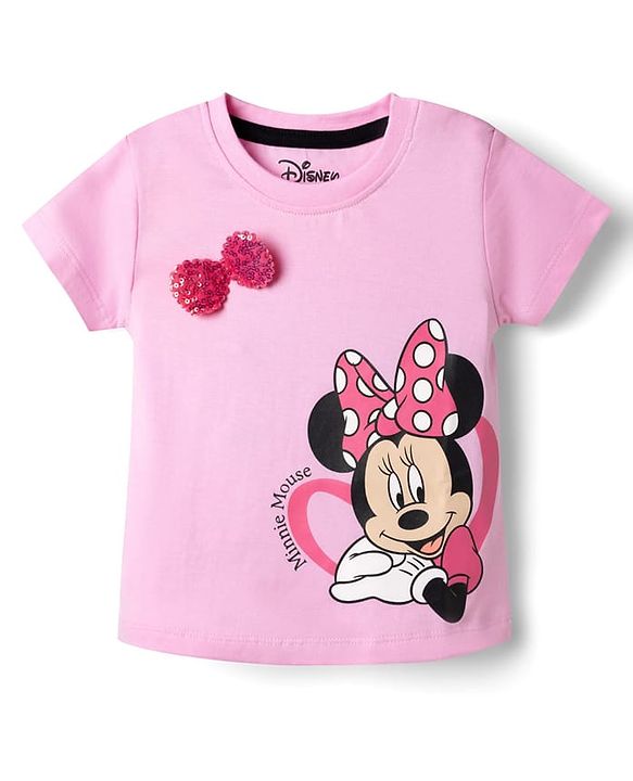 Babyhug Disney Single Jersey Knit Half Sleeve T-Shirt & Shorts Set With Minnie Mouse Graphic & Bow Sequin Applique - Pink