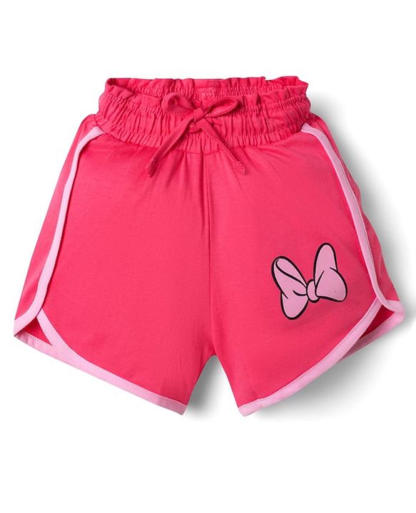 Babyhug Disney Single Jersey Knit Half Sleeve T-Shirt & Shorts Set With Minnie Mouse Graphic & Bow Sequin Applique - Pink