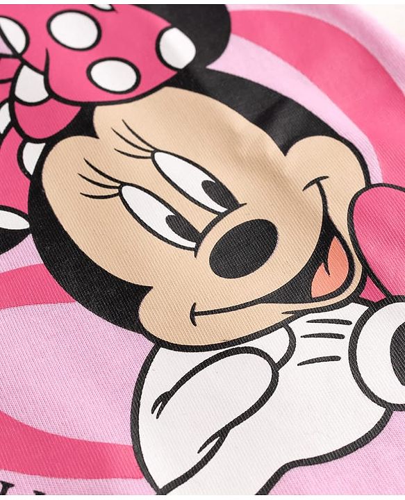 Babyhug Disney Single Jersey Knit Half Sleeve T-Shirt & Shorts Set With Minnie Mouse Graphic & Bow Sequin Applique - Pink