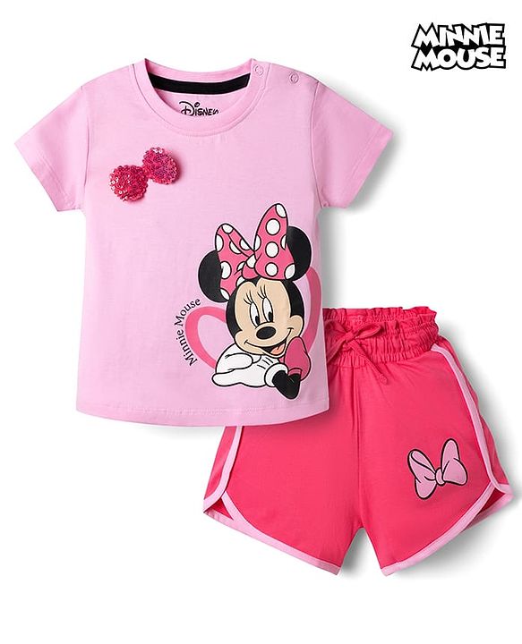 Babyhug Disney Single Jersey Knit Half Sleeve T-Shirt & Shorts Set With Minnie Mouse Graphic & Bow Sequin Applique - Pink